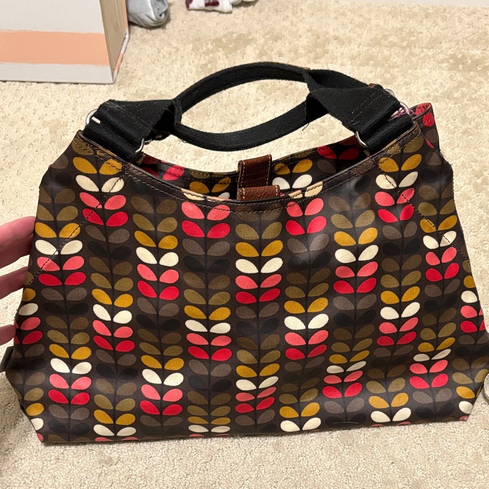Orla Kiely Brown Tote with Red, Mustard, Cream & Gray Stem Print